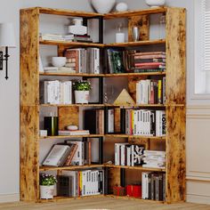 a wooden bookcase with many books on it