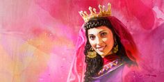 a painting of a woman wearing a tiara and smiling at the camera with pink background