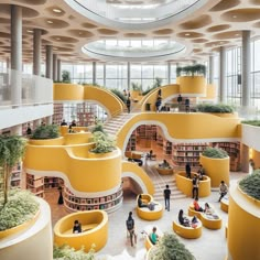 the interior of a library with yellow bookshelves and planters on each floor