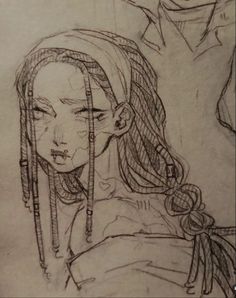 a drawing of a girl with long hair and braids on her head, looking to the side