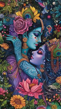 a painting of two women embracing each other with flowers in their hair and on her face