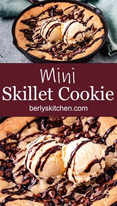 a skillet cookie topped with ice cream and chocolate