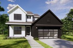 this is a computer rendering of the front elevation of these modern house plans, which include two garages and three car spaces