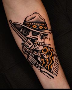 Leg Tattoo Men American Traditional, Tradition Cowboy Tattoo, Mens Tattoos Traditional, Men American Traditional Tattoo, Men’s Cowboy Tattoos, Knee Tattoo Men Traditional, Trad Cowboy Tattoo, Traditional Style Tattoo Men, Trad Leg Tattoos