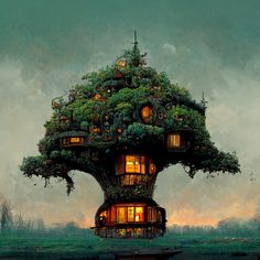 a tree house with lots of windows and plants growing on it's roof, in the middle of a field