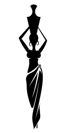 a black and white silhouette of a woman with a vase on her head, wearing a dress