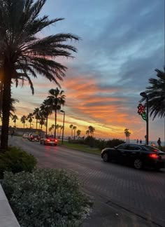 cars driving down the street at sunset with palm trees