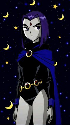 an anime character standing in front of the night sky with stars and moon behind her