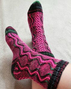 Are you looking for a pair of special socks? You came to the right shop! Here I have, hand knitted neon pink and black wool socks, just for you. In cold, wet weather, wearing woolen socks is the best choice you can ever make. When cotton sock gets wet, it loses all insulating properties, so you may as well not be wearing anything on your feet at all. Wool can actually hold a third of its weight in moisture before you even start to feel it. And it doesn't matter how warm your winter boots are, without proper socks, you will end up with cold, damp feet. SIZE Womens sock size EU 37 / UK 4 / US 6,5 MATERIAL Sockyarn consisting 75% Wool and 25% Nylon (Polyamide). CARE All handmade is better when handled with love and care. Hand wash.  Wait no more and let these romantic socks hug your feet! Mor Knit Boot Socks, Awesome Socks, House Socks, Woolen Socks, Knit Boot, Socks Christmas, Knit Boots, It Doesn't Matter, Wool Socks