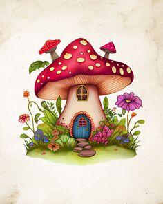 a mushroom house with flowers and plants around it on a white paper textured background