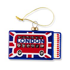 a london bus ornament hanging on a string