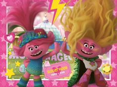 two cartoon characters are standing next to each other in front of a pink background with stars