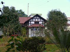 the house is surrounded by trees and bushes