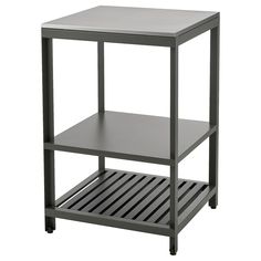 a metal shelf with two shelves on each side