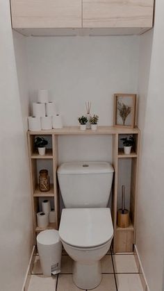 a white toilet sitting in a bathroom next to a shelf