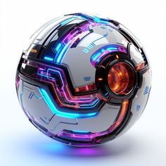 a white and blue ball with some neon lights on it's side, in front of a white background