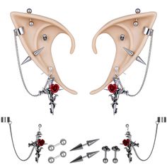 two pairs of fake horns with spikes and chains attached to each ear, one has red eyes and the other has silver nose studs