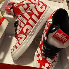 Super Rare Alife Everybody Hi 2009 Red All Over Logo High Tops. Made In Korea Very Good Condition 2 Additional Lace Sets Still In Packs Box In Decent Condition- Some Wear White High Tops, Lace Set, Mens Shoes Sneakers, Sneakers Fashion, High Top Sneakers, Red And White, Men's Shoes, Man Shop, Lace