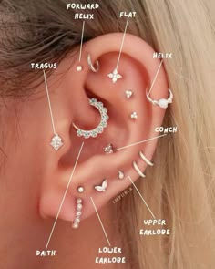 a woman's ear is shown with the parts labelled to her nose and ear piercings