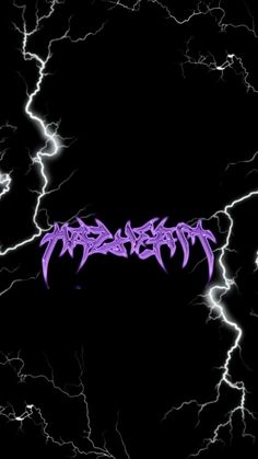 an image of lightning in the sky with purple letters on it and some black background