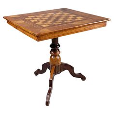 a wooden table with chess board on it's top and two legs, sitting against a white background