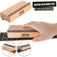 a hand is holding a wooden block with metal bars on it and the image shows how to