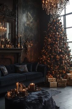 a living room filled with furniture and a christmas tree