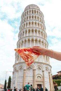 a hand holding a slice of pizza in front of a tall building