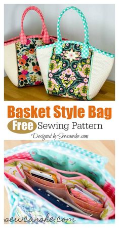 two purses are shown with the text free sewing pattern on them and an image of one