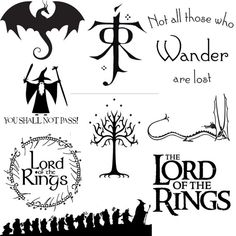 the lord of the rings and other symbols are shown in black on this white background