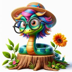 a cartoon snake wearing glasses and a hat on top of a tree stump with sunflowers