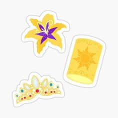 three stickers with different designs and colors on white background, one has a purple flower