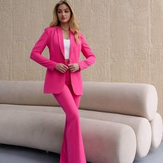 Step into sophistication with this striking raspberry pink suit set, combining a lined jacket with flared trousers for a bold, polished look. Perfect for formal occasions, business meetings, or any event where you want to stand out, this ensemble offers a chic and modern twist on classic tailoring. The vibrant color and flattering fit elevate your wardrobe with both professionalism and flair. Color: Vibrant Raspberry Pink  Sizes: XS, S, M, L Jacket: Lined for added structure and elegance Trousers: Flared with a 95 cm inseam for a sleek, leg-lengthening effect Fit: Comfortable, tailored fit perfect for office wear or formal events      Elevate your wardrobe with this must-have suit set that combines elegance and bold style. Hot Pink Suit, Classic Tailoring, Womens Suits, Pink Suit, Flared Trousers, Raspberry Pink, Suit Set, Line Jackets, Bold Fashion