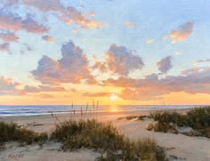 a painting of the sun setting over the beach