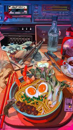 a painting of food on a table with chopsticks and other items around it