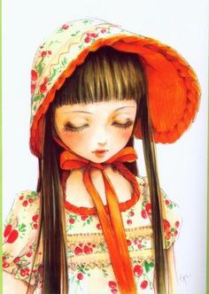 a painting of a girl with long hair wearing a red hat and orange ribbon around her neck