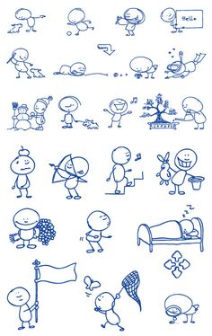 a bunch of cartoon characters drawn in blue ink