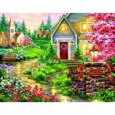 a painting of a house surrounded by flowers and trees