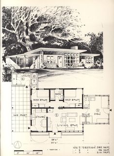 an old house with plans for the front and back sides, in black and white