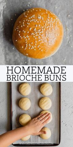 homemade brioche buns with sesame seeds on top and in the middle, being made