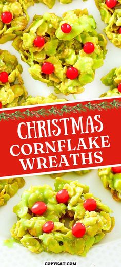 christmas cornflake wreaths on a white plate with red and green candies