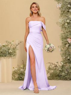 Lavetir sells a large selection of 2024 new bridesmaid dresses and wedding party dresses online. Here is the dress detail: Fabric: Silk Satin; Silhouette: Sheath/Column; Neckline: One-Shoulder; Off-the-Shoulder; Hemline/Train: Floor-Length; Embellishment: Split Side; Ruched; Sleeve: Sleeveless; Waist: Empire; Back Style: Zipper; Built-In Bra: Yes; Season: Spring; Summer; Fall; Winter; Shown in Lilac color. Dresses With Split, Lilac Bridesmaid Dresses, Long Formal Dresses, Party Dresses Online, Ruched Sleeve, Lilac Color, Stretch Satin, Bridesmaids Dresses, Fabric Silk