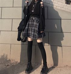 ❤【Must-see mine-chan✞】Open shoulder top with cat ear hood + check skirt❤  Unit (cm)  skirt  S.  total length 44 waist 66  M.  total length 45 waist 70 tops  Free Size  Length 45 Sleeve length 48 Chest measurement 94 Open Shoulder Top, Kpop Fashion Outfits, Kawaii Clothes, Fashion Mode