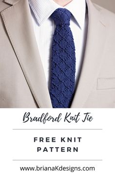 a man wearing a suit and tie with the words free knit pattern below it that reads,