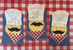 three paper bag puppets with hats and mustaches on them