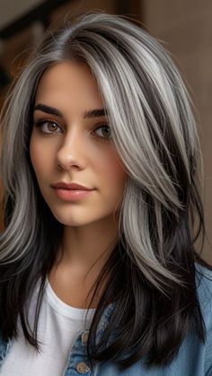 #BEAUTY ,#REALATIONSHIPS #Fashion #Outfits #Winter Outfits #Animals Woman Layered Haircut, Best Way To Transition To Grey Hair, Grey Streak Hair, Grey Hair With Black Underneath, Platinum Blonde Hair Black Roots, Silver And Dark Hair, Grey Hair With Black Highlights, Grey Hair Dye Ideas, Salt And Pepper Long Hair