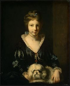 a painting of a woman holding a dog