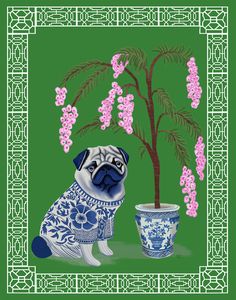 a pug dog sitting next to a potted plant with pink flowers on it