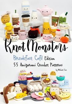 the cover of knott monsters breakfast cafe, featuring crocheted food and stuffed animals