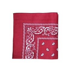 a red bandana with white paisley on it